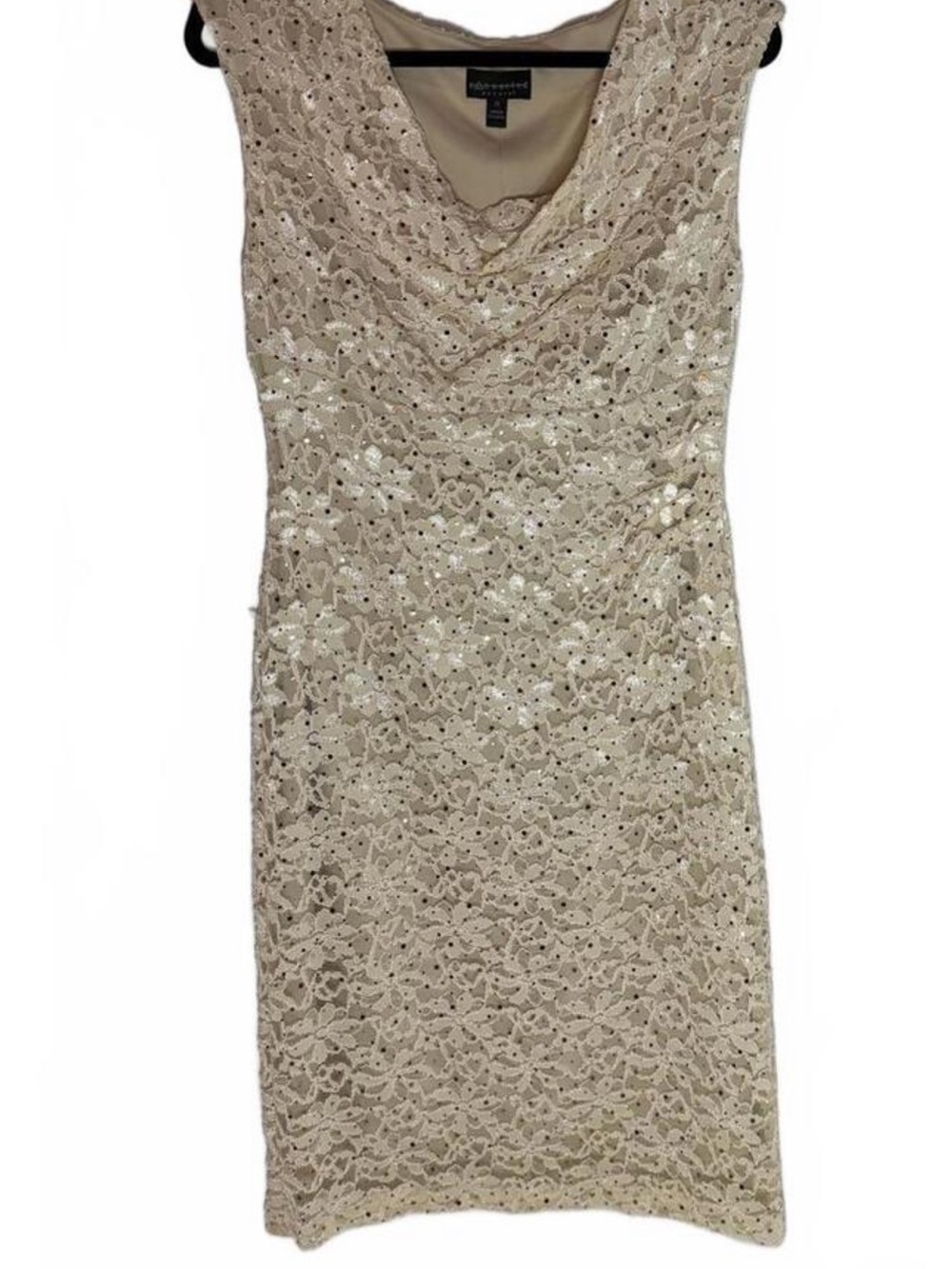 connected apparel Taupe Lace sparkly Cowl Neck Sheath Dress size 10 stretchy - Picture 11 of 13